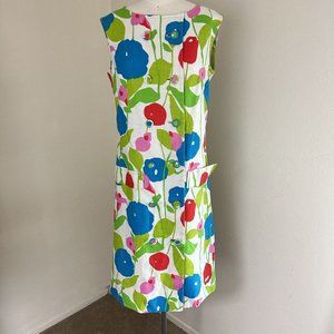 Vintage 1960s White Pastel Flower‎ Shift Dress McMullen Linen Size 10 READ